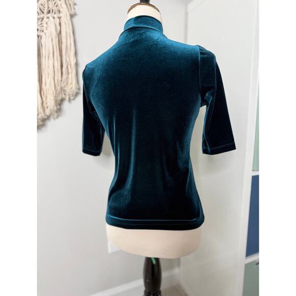 Banana Republic Teal Blue Green Velvet Mock Neck Half Sleeve Blouse Top Small - Picture 2 of 6